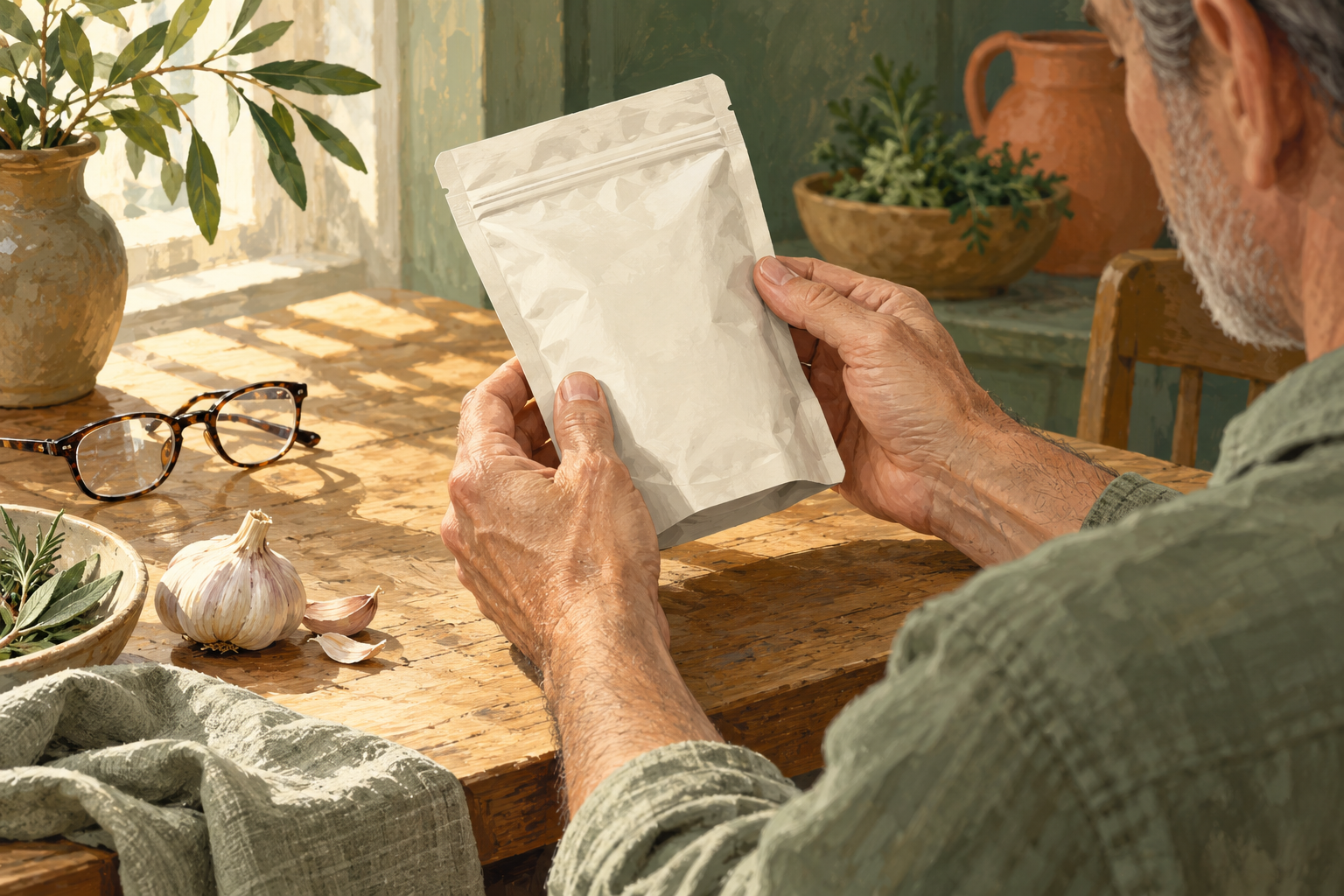 Ilustración de unas manos que giran una bolsa genérica para leer su parte posterior