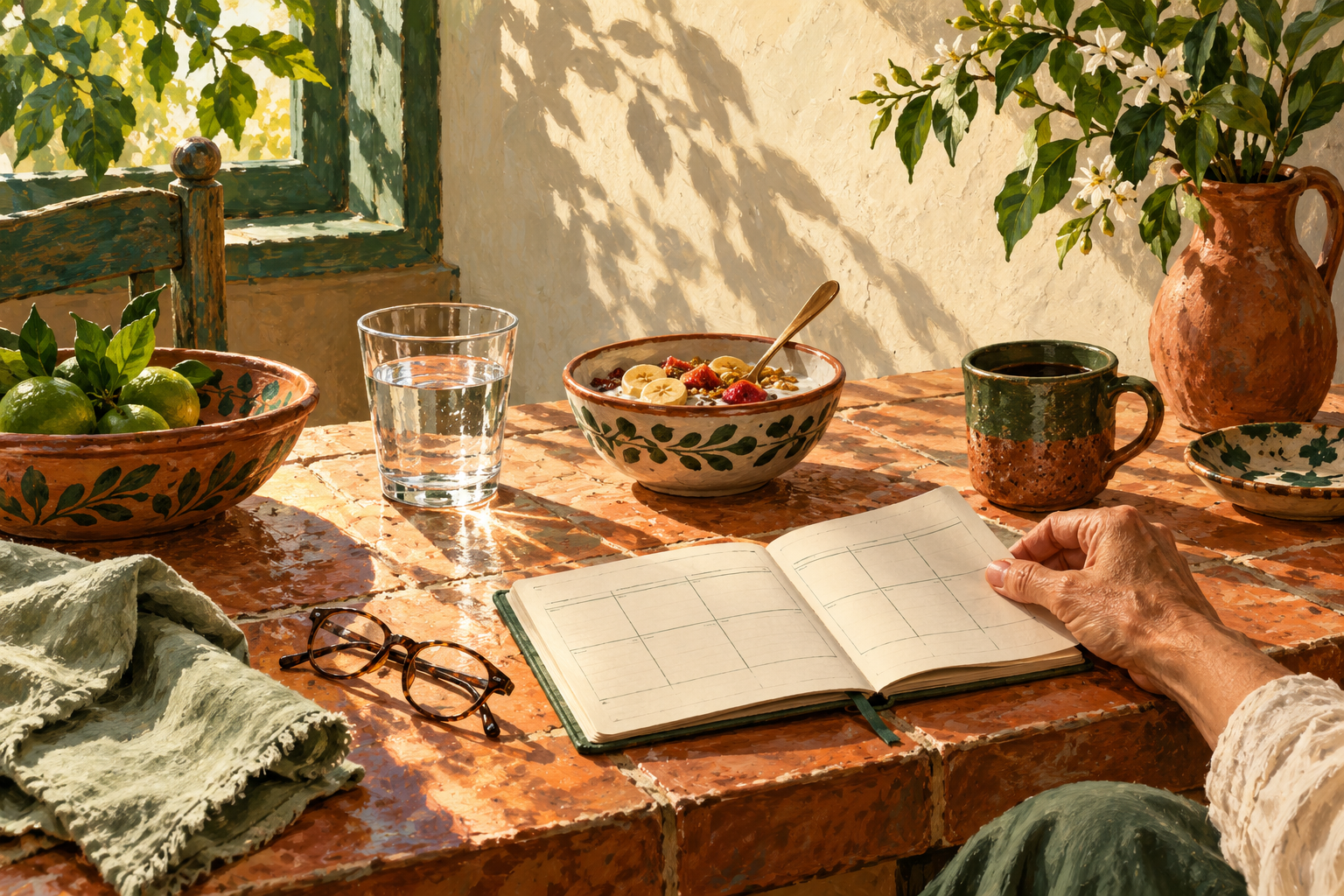Ilustración de una mesa de desayuno con agua, agenda y lentes a la luz de la mañana