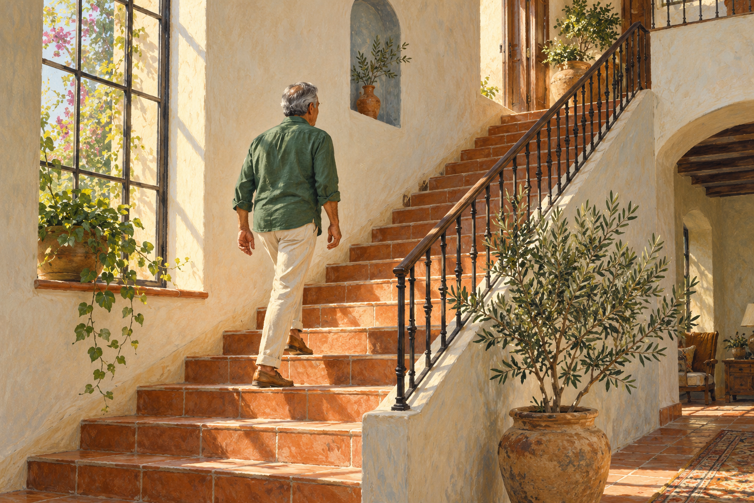 Ilustración editorial de un hombre subiendo una escalera en una casa iluminada por el sol