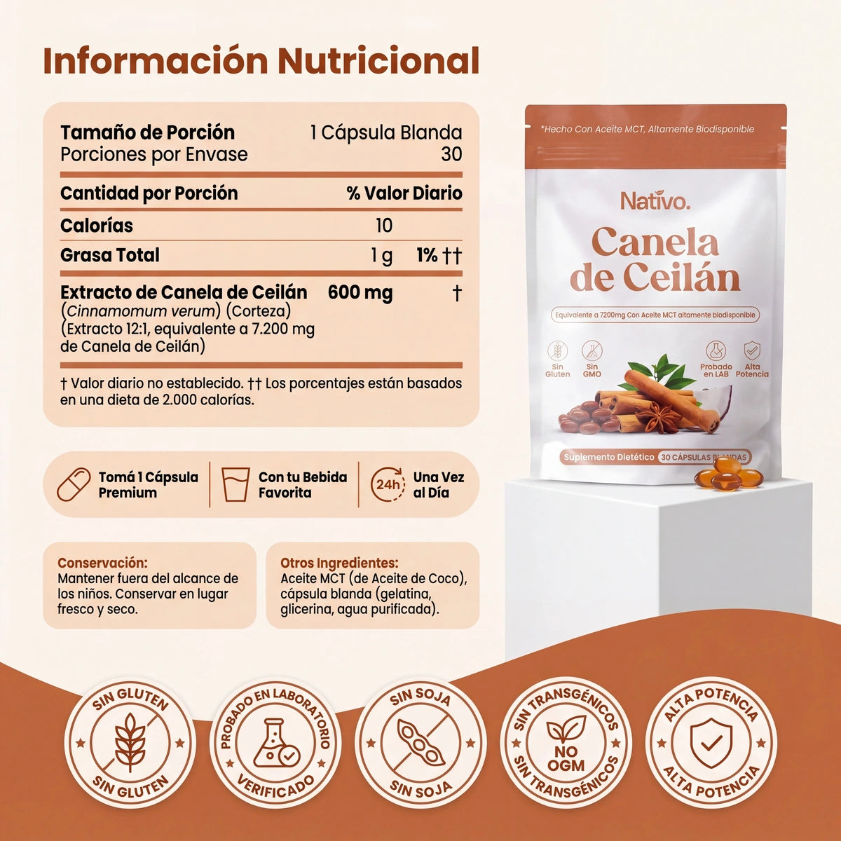Canela de Ceilán 7200 mg con aceite MCT