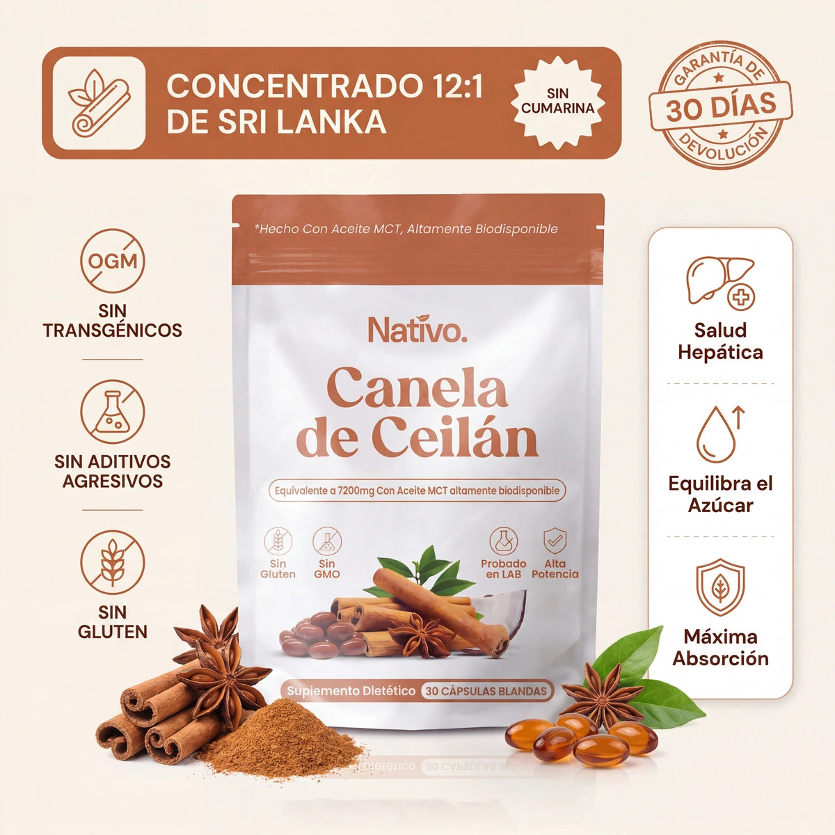 Canela de Ceilán 7200 mg con aceite MCT