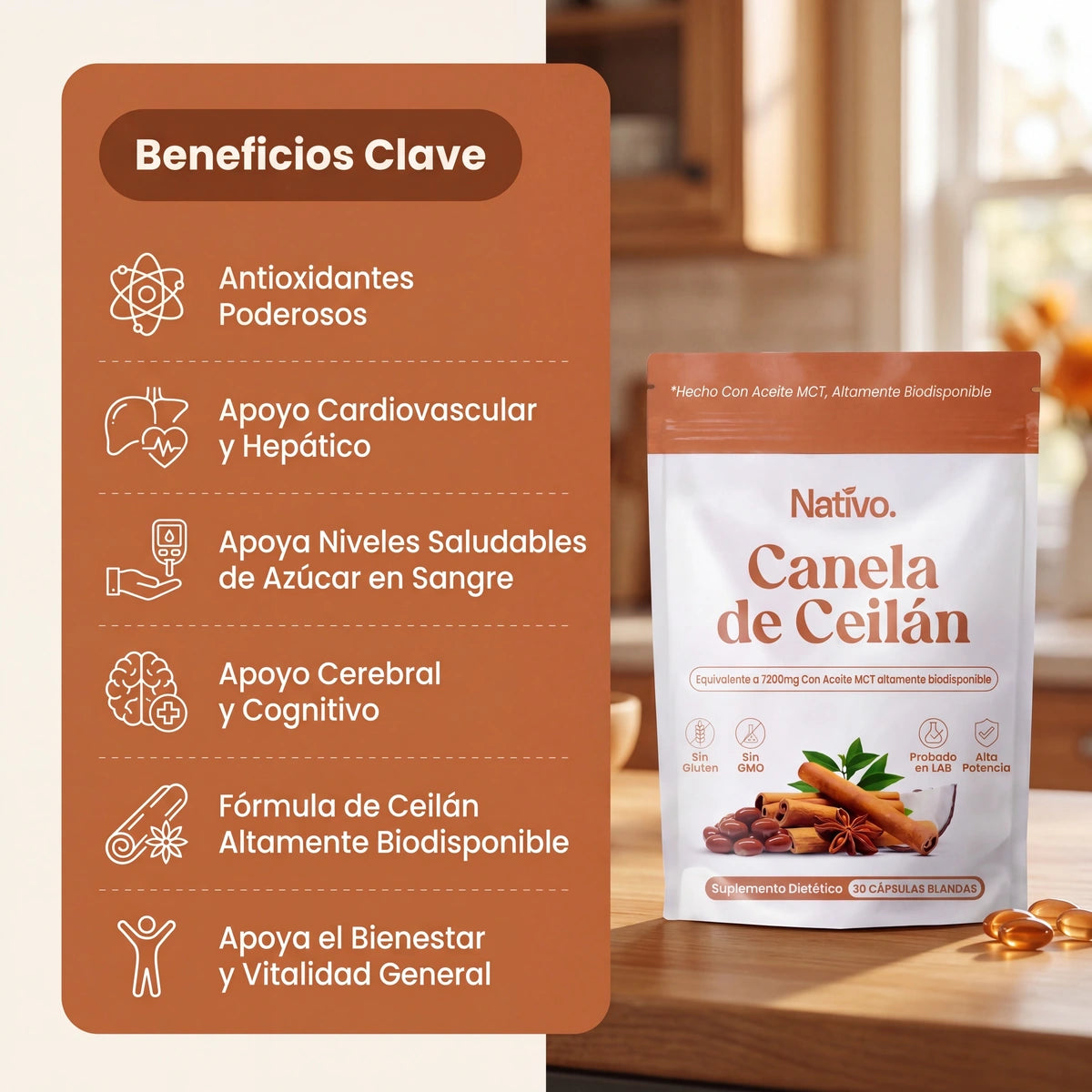 Canela de Ceilán 7200 mg con aceite MCT